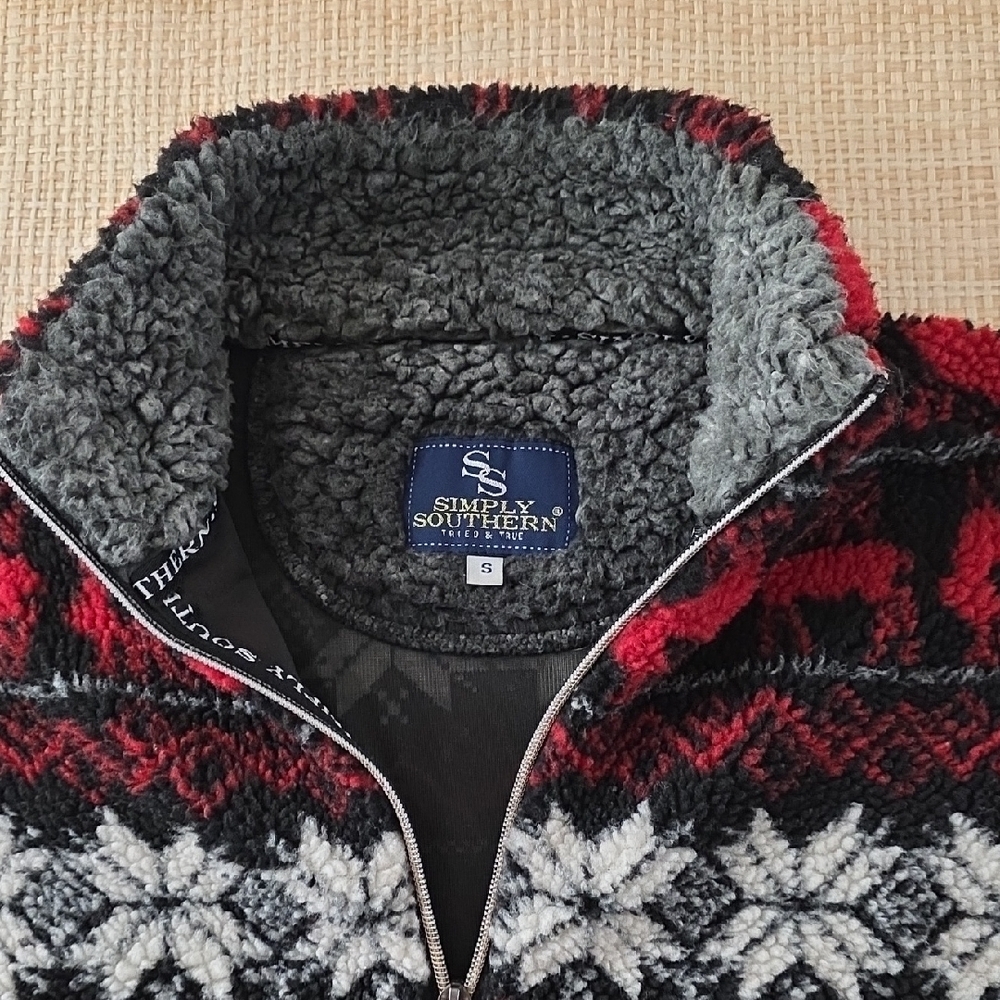 Simply Southern Sherpa Pullover Small Gray Red Fair Isle Quarter Zip Fleece - Picture 2 of 7